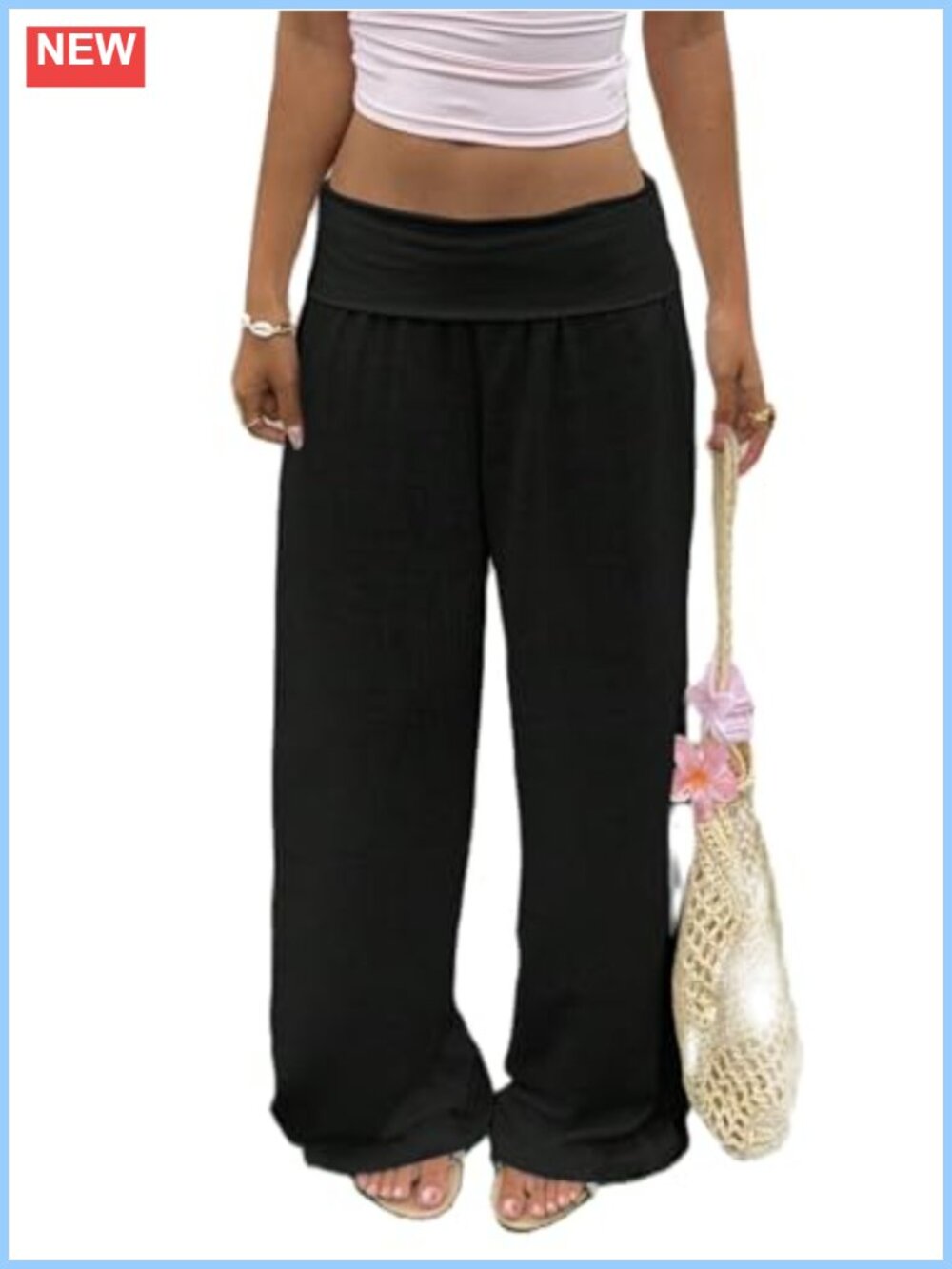 Wide Leg Palazzo Pants High Waist Foldover Elastic Boho Lounge Beach
